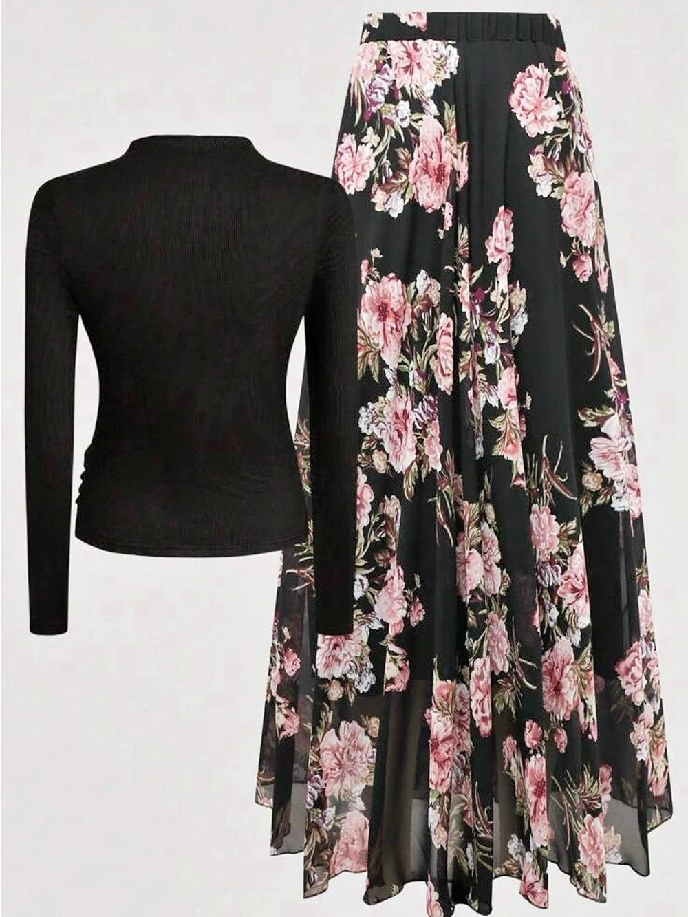 Floral long Skirt in Black & Pink and Long sleeve mock neck T-shirt